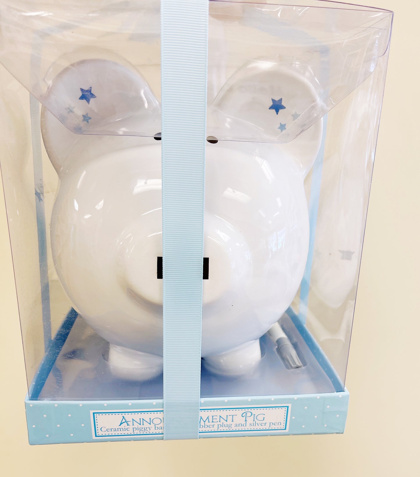 Ceramic piggy bank with rubber plug and silver pen Blue Announcement