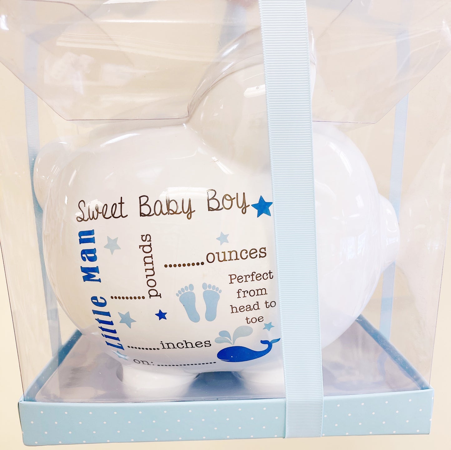 Ceramic piggy bank with rubber plug and silver pen Blue Announcement