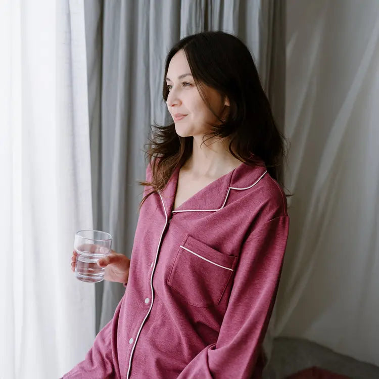 Long Sleeve Button-Up Women's PJ Set (Tanboocel) - Pantone Hawthorn Rose