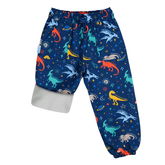 Kids Fleece Lined Rain Pants | Space Dinos