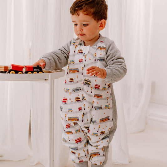 Bamboo Muslin Raglan Long Sleeve Footed Sleep Bag | 2.5 TOG – Wheels On The Bus