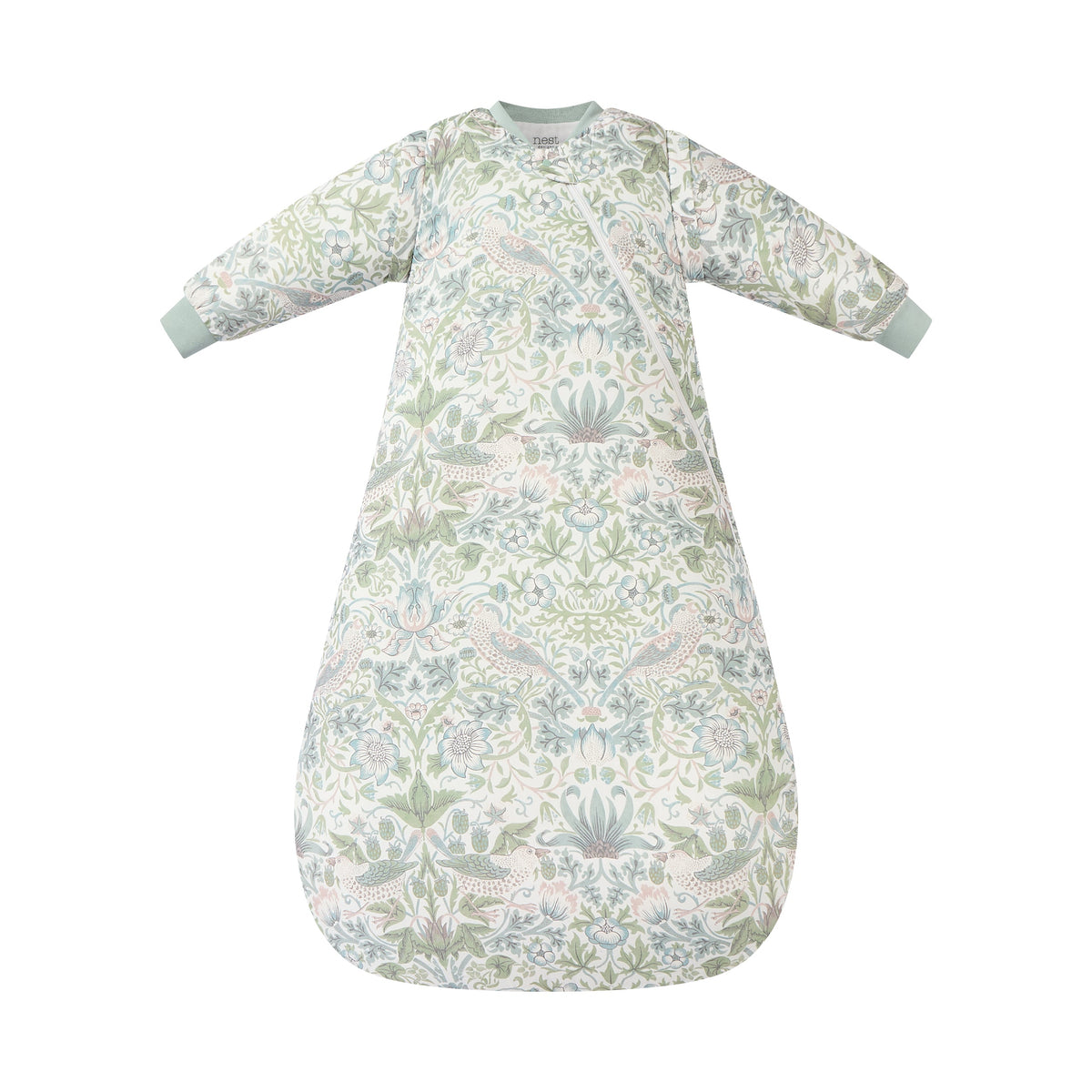 Bamboo Cotton Removable Long Sleeve Sleep Bag 2.5 TOG in Strawberry Thief Slate Blue, flat lay