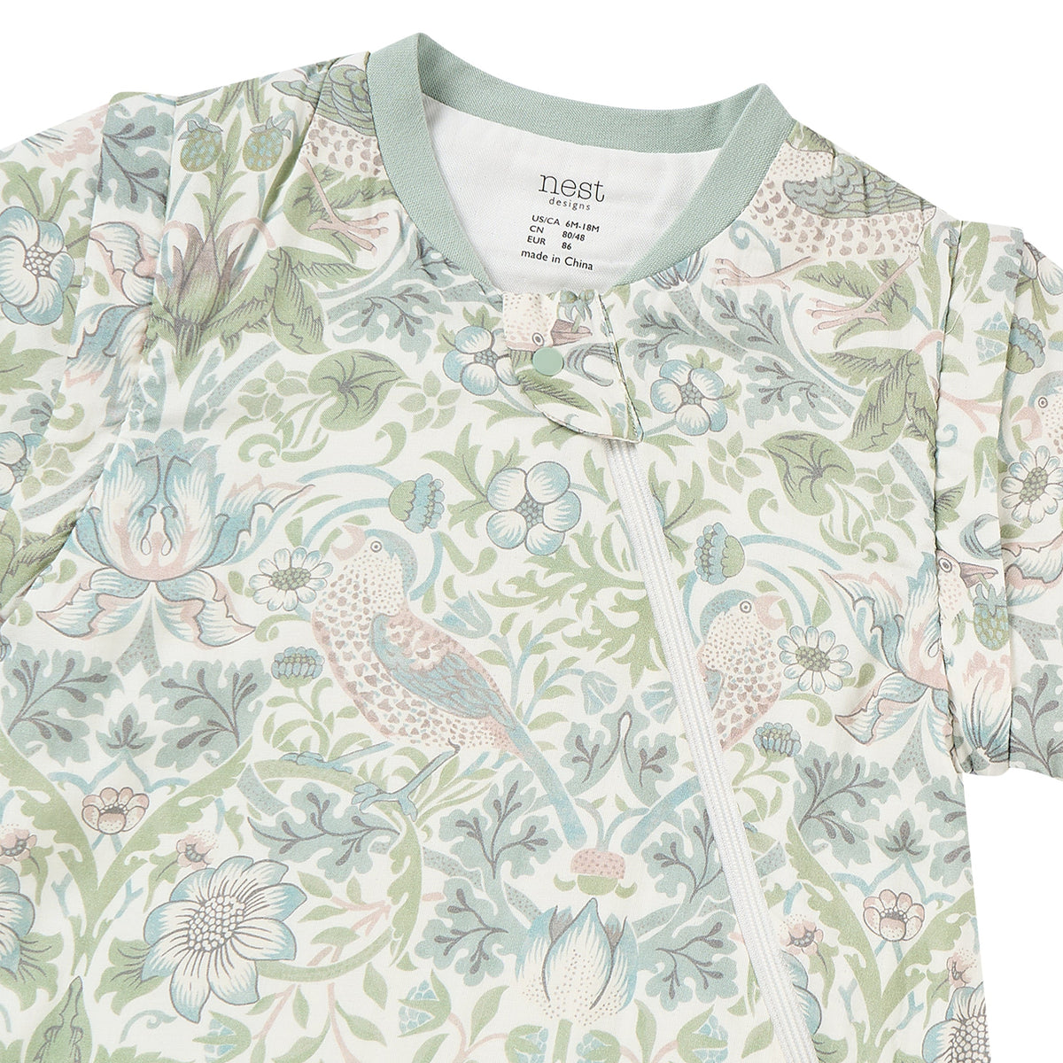 Strawberry Thief Slate Blue fabric print and neckline label detail