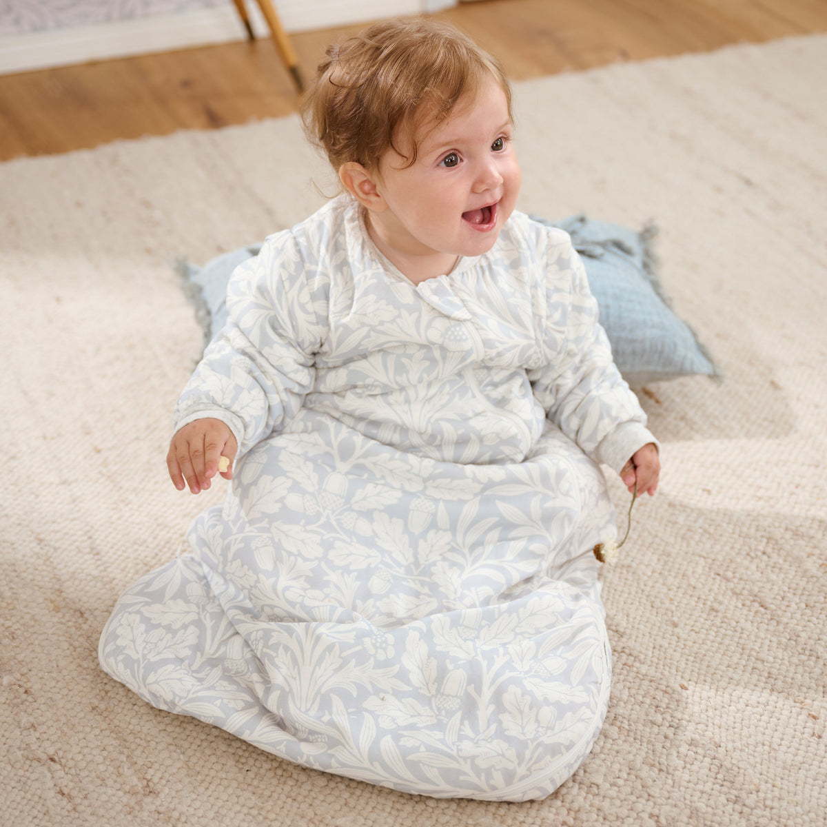 Acorn Slate Blue sleep bag, lifestyle detail
