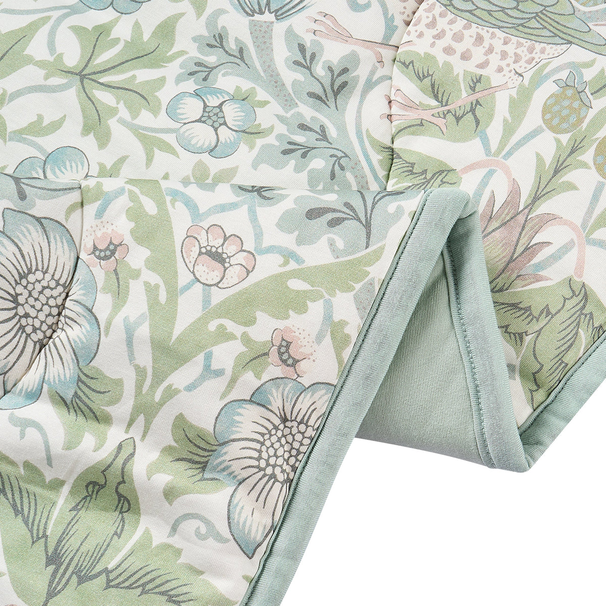 Strawberry Thief Slate Blue blanket quilted fabric edge detail