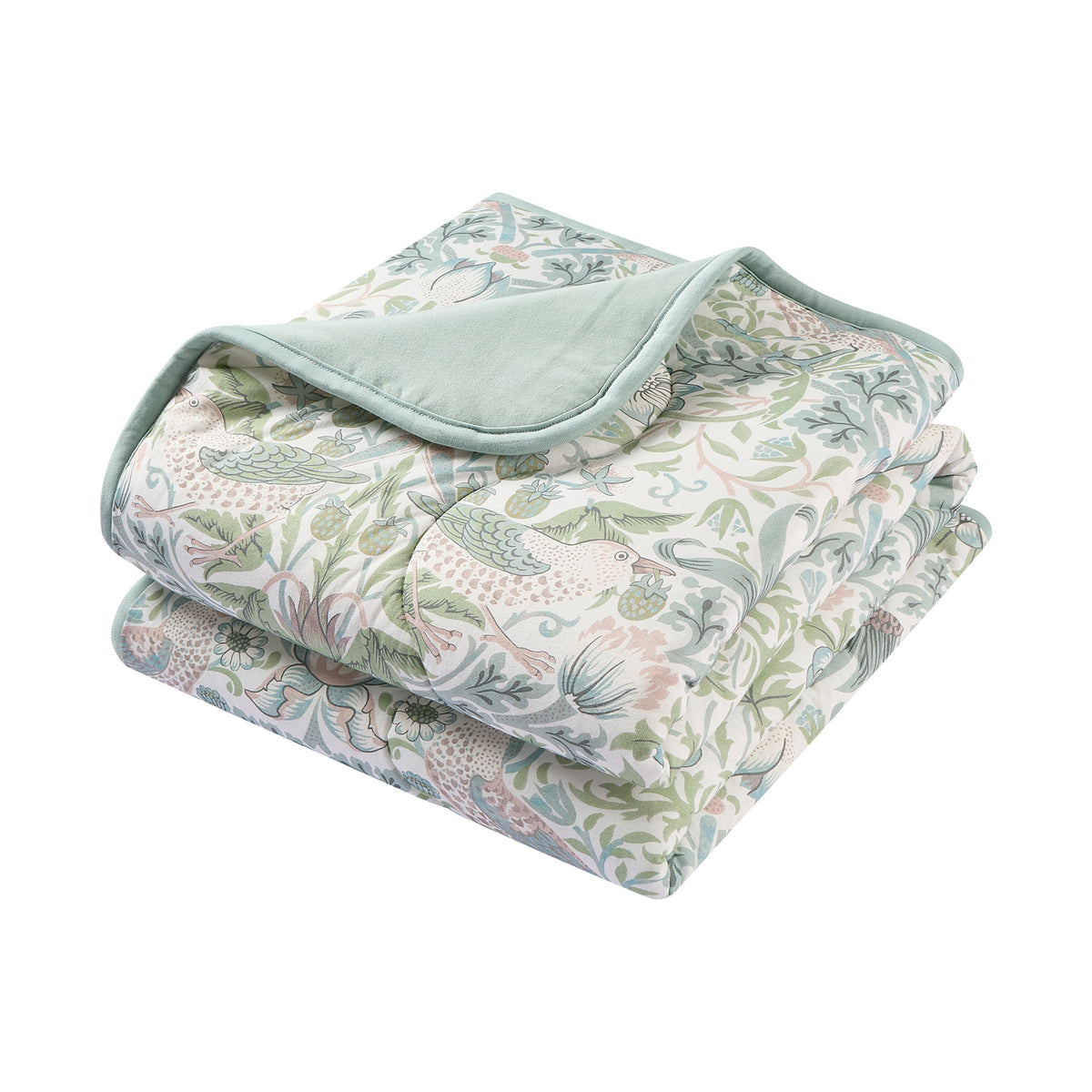 Bamboo Jersey Nook Quilted Cozy Blanket 2.0 TOG in Strawberry Thief Slate Blue, folded flat lay