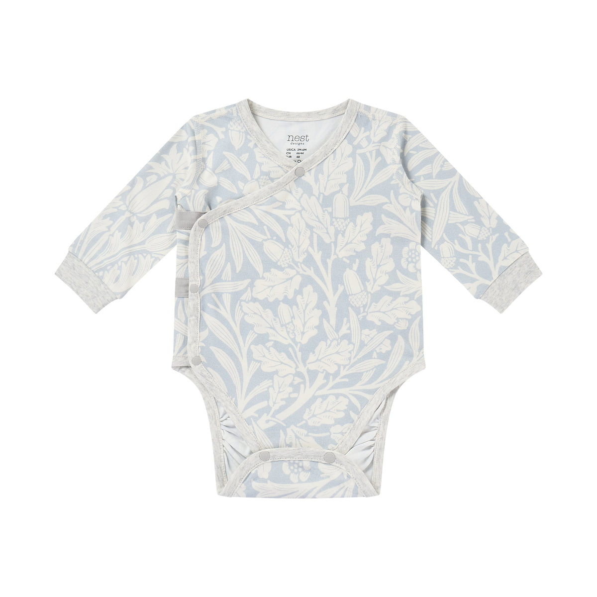 Bamboo Cotton Jersey Long Sleeve Kimono Onesie in Acorn Slate Blue, flat lay