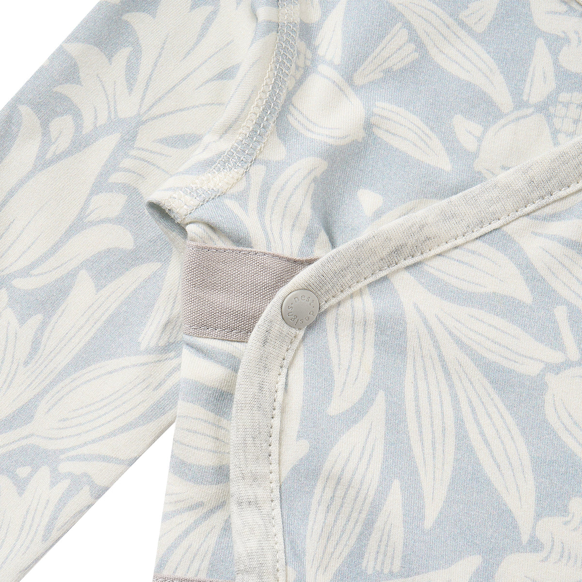 Bamboo Cotton Jersey Long Sleeve Kimono Onesie in Acorn Slate Blue, flat lay alternate view