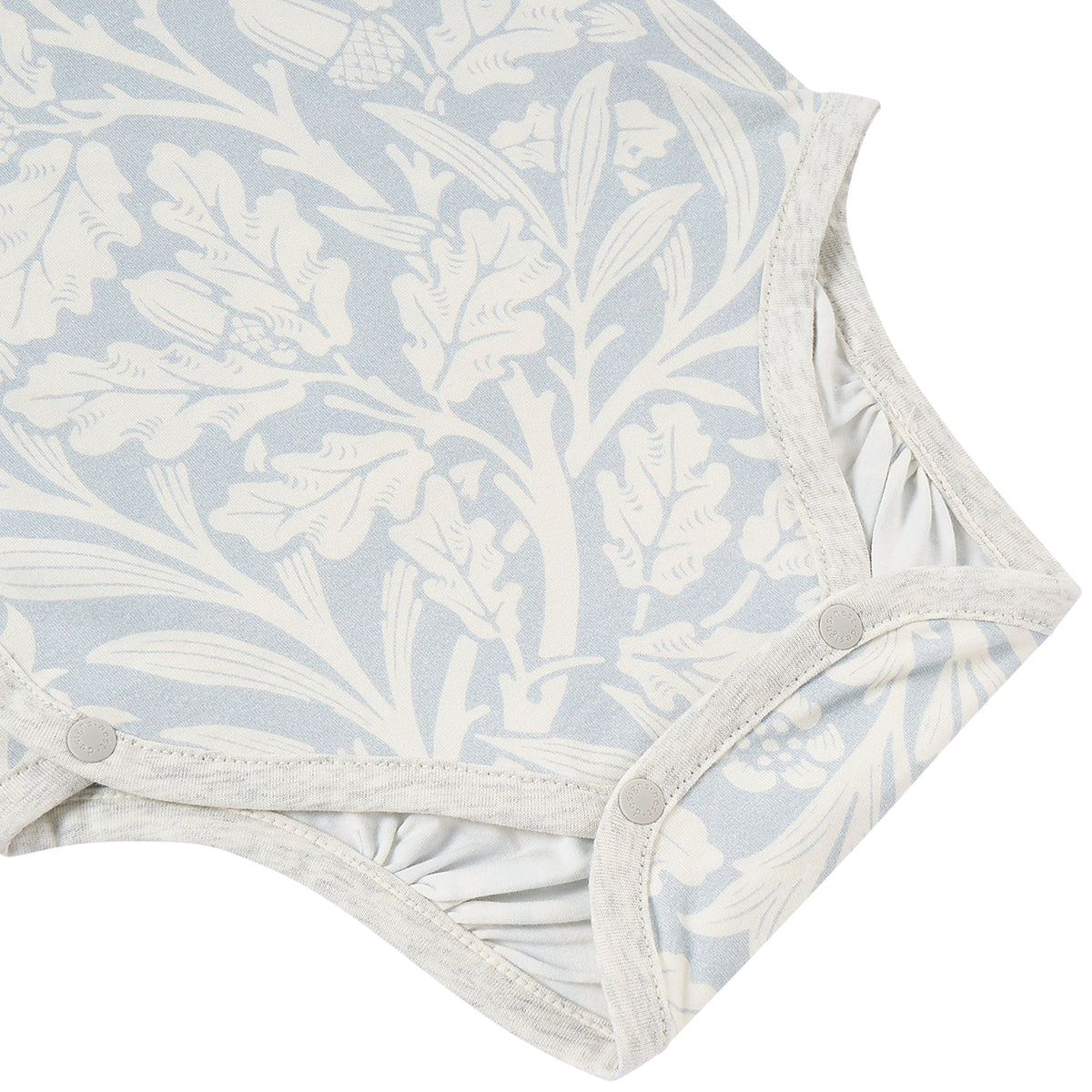 Acorn Slate Blue kimono onesie neckline and print detail