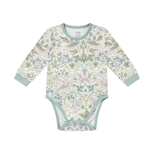 Bamboo Cotton Jersey Long Sleeve Kimono Onesie in Strawberry Thief Slate Blue, flat lay