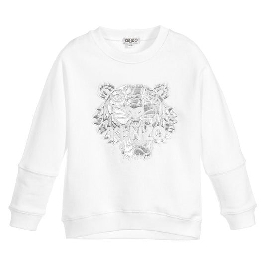 Kenzo Girls White & Silver Tiger Logo Sweatshirt