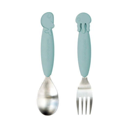 Done by Deer - YummyPlus spoon & fork set Sea friends Blue - Hello Kids Baby Store